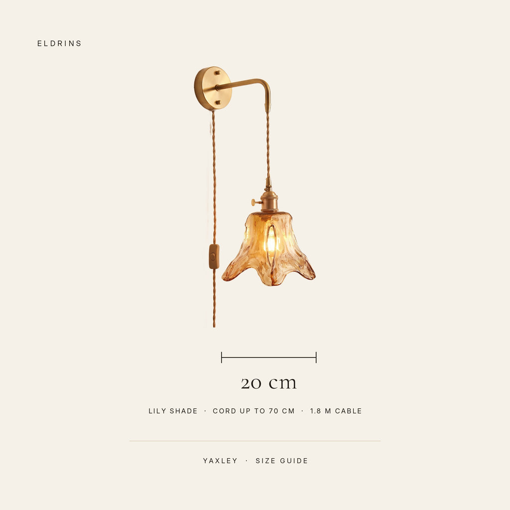 Yaxley wall light size guide: 20 cm lily shade, cord up to 70 cm, 1.8 m cable