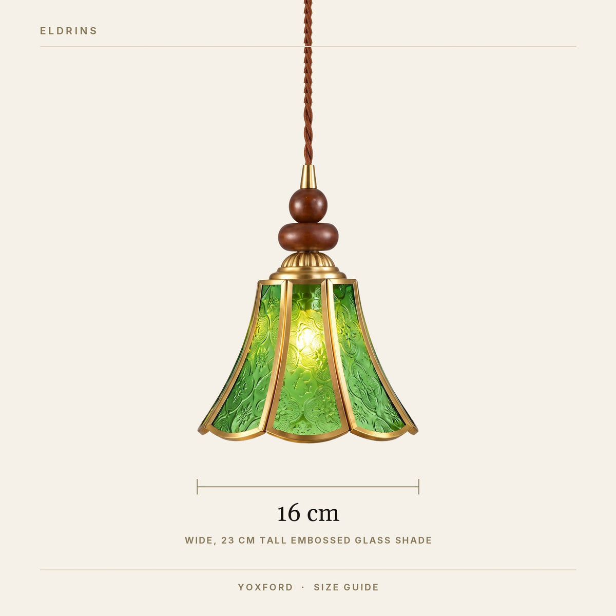 Yoxford pendant light size guide, 16 cm wide, 23 cm tall